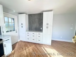 a view of a bedroom with wooden floor and cabinet