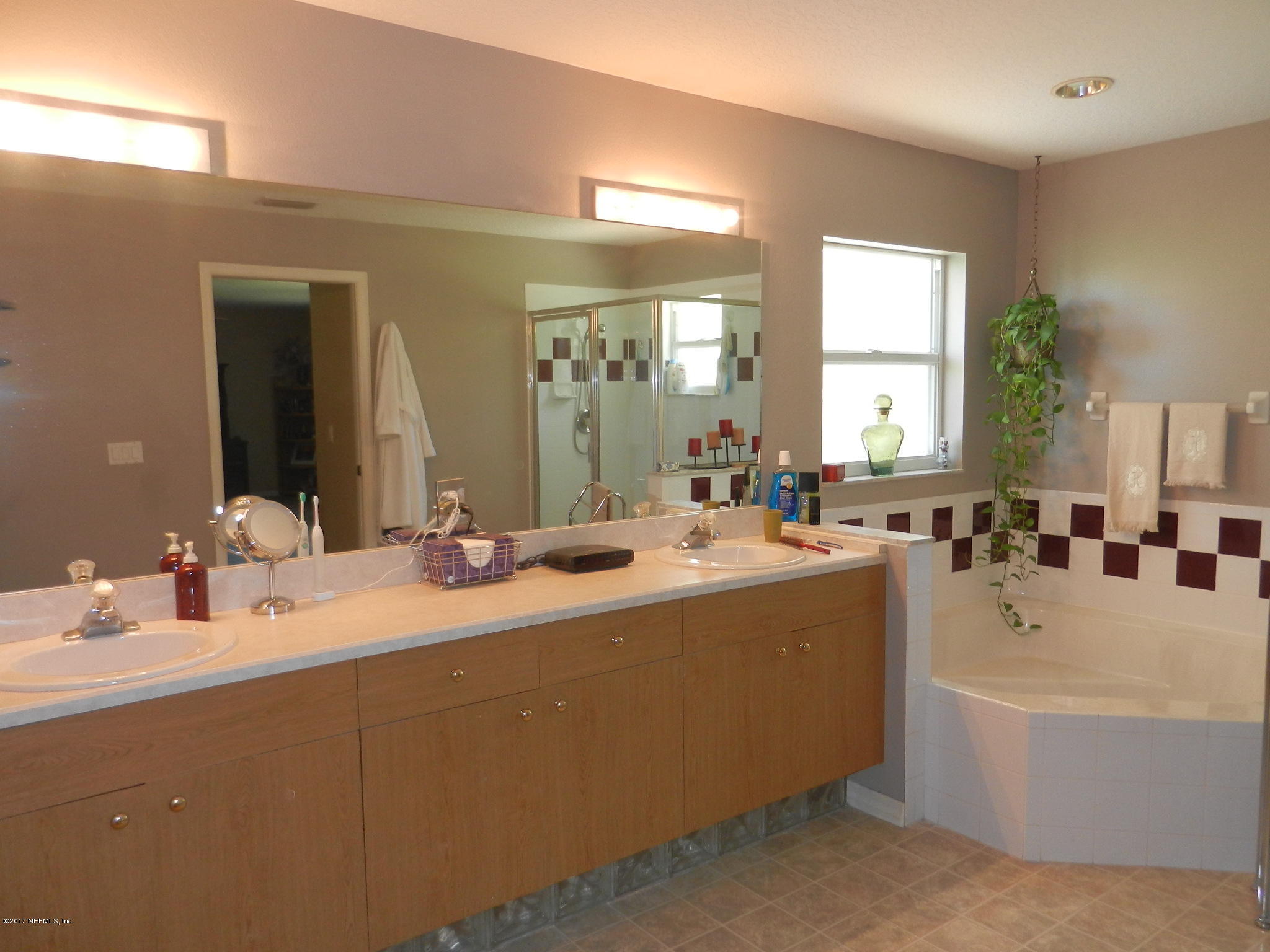 2205 Brownlee Road Seville, FL 32190 - Photo 17 of 27 a bathroom with a tub a double vanity sink a mirror and a bathtub