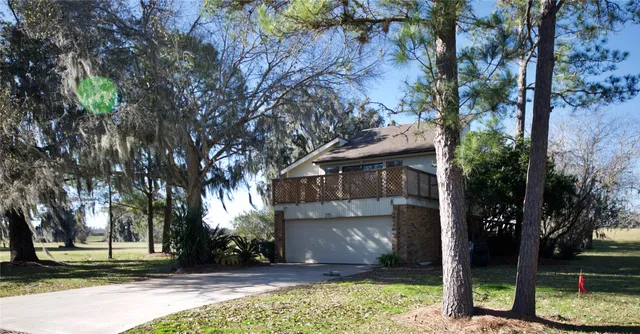 a view of a house with a yard and a large tree