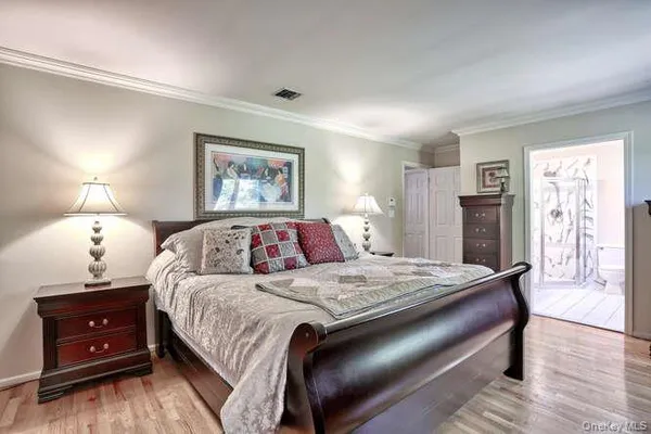 a bedroom with a bed and a closet