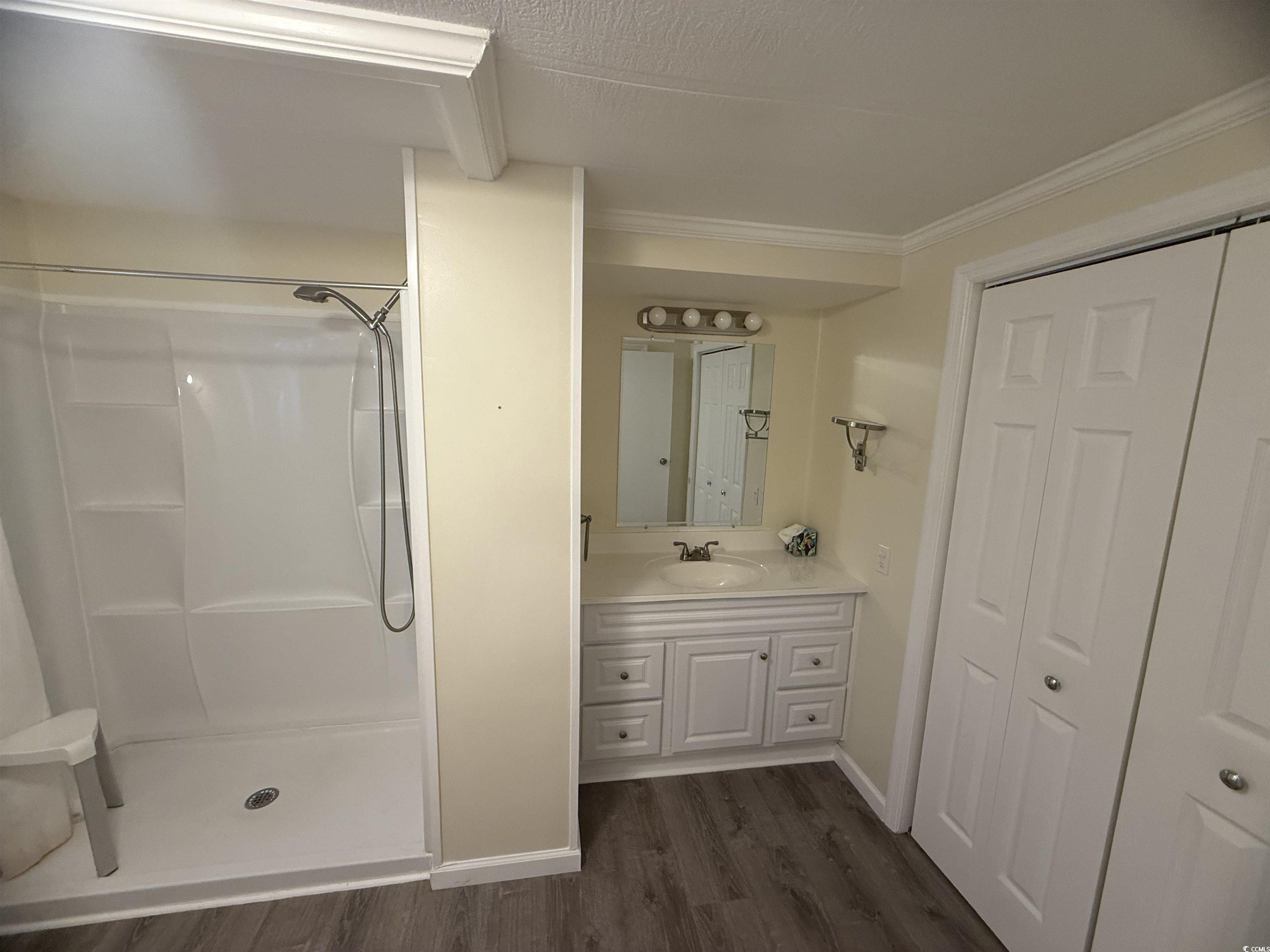 826 Jensen Drive North Murrells Inlet, SC 29576 - Photo 32 of 38 Full bathroom featuring vanity, dark wood-style floors, and a shower stall