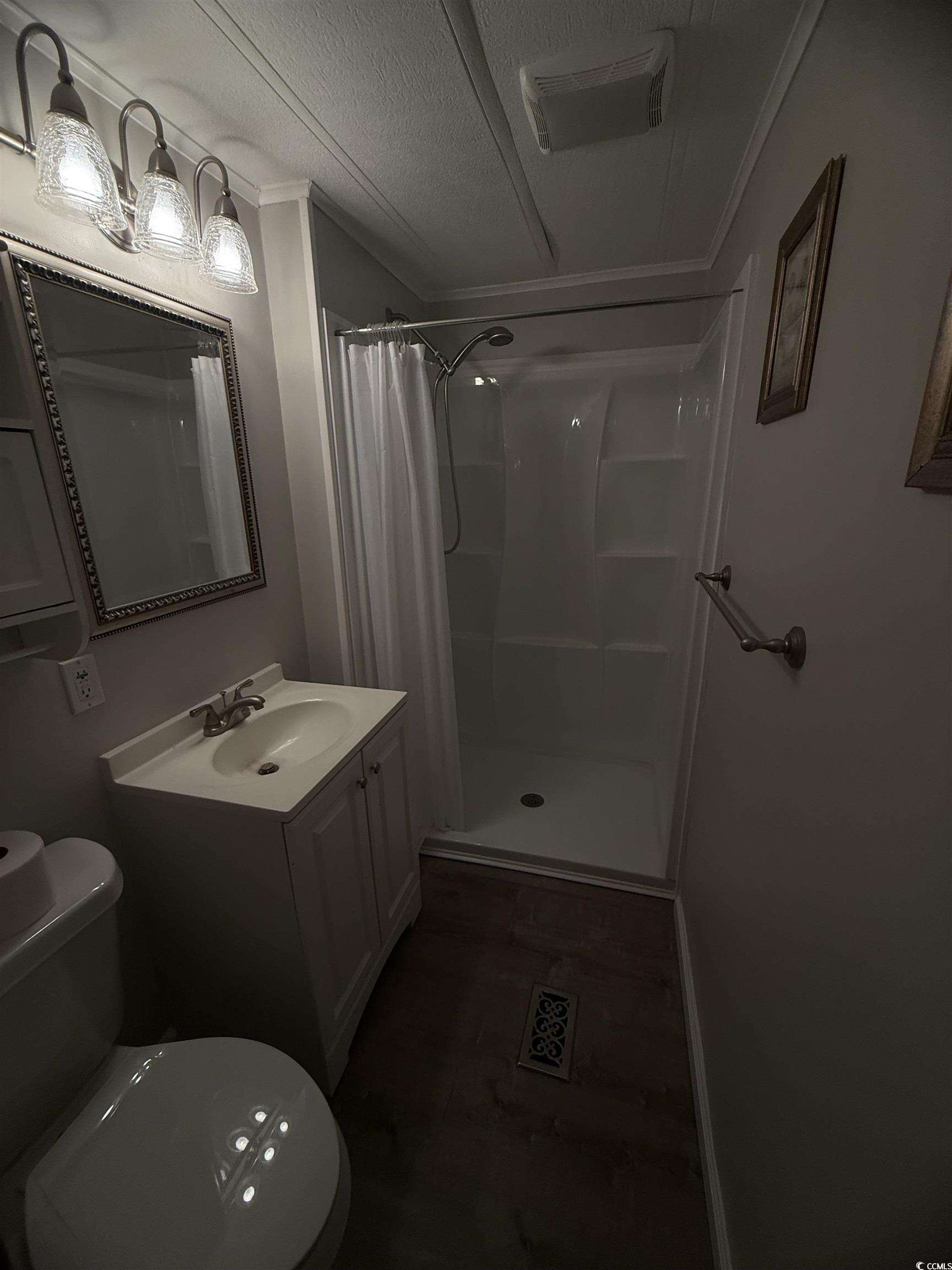 826 Jensen Drive North Murrells Inlet, SC 29576 - Photo 35 of 38 Bathroom featuring a shower stall, vanity, ornamental molding, and a textured ceiling