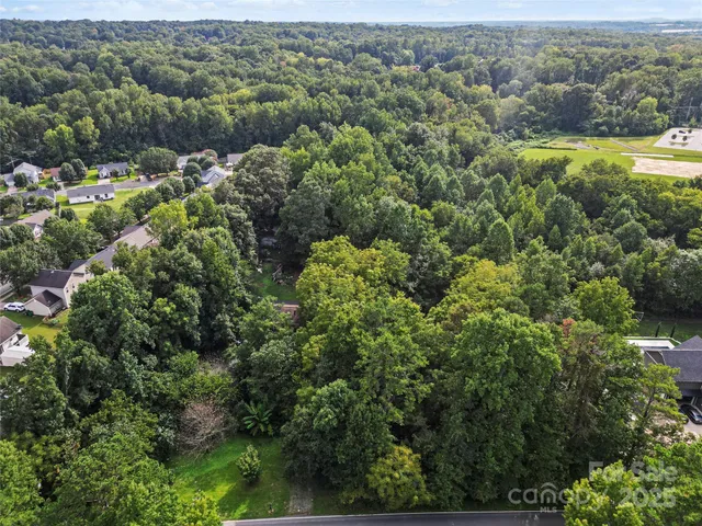 an aerial view of residential houses with outdoor space and trees