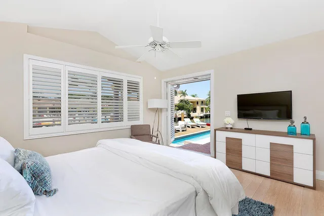 a bedroom with a bed and a flat screen tv