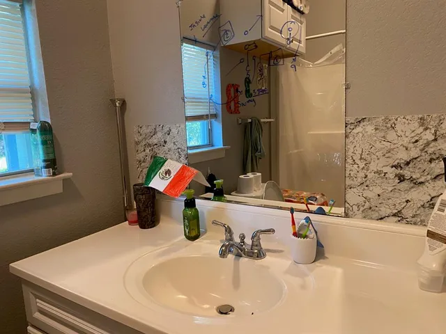 a bathroom with a sink and a mirror