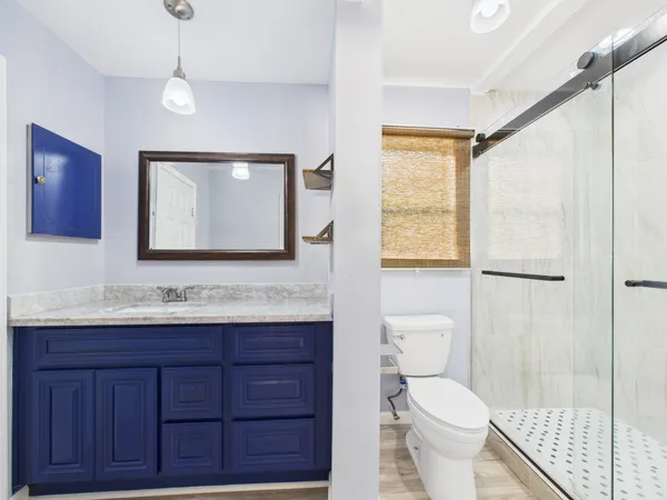 a bathroom with a toilet and a shower