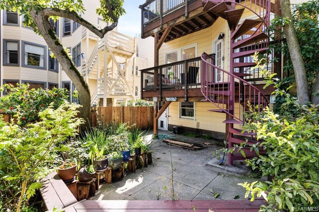 a garden view with a sitting space