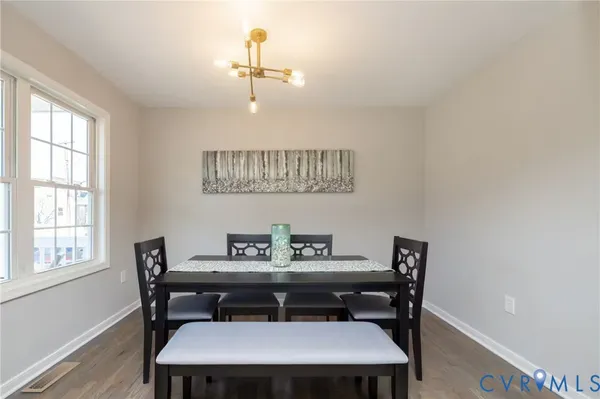 a view of a dining room with furniture window and wooden floor