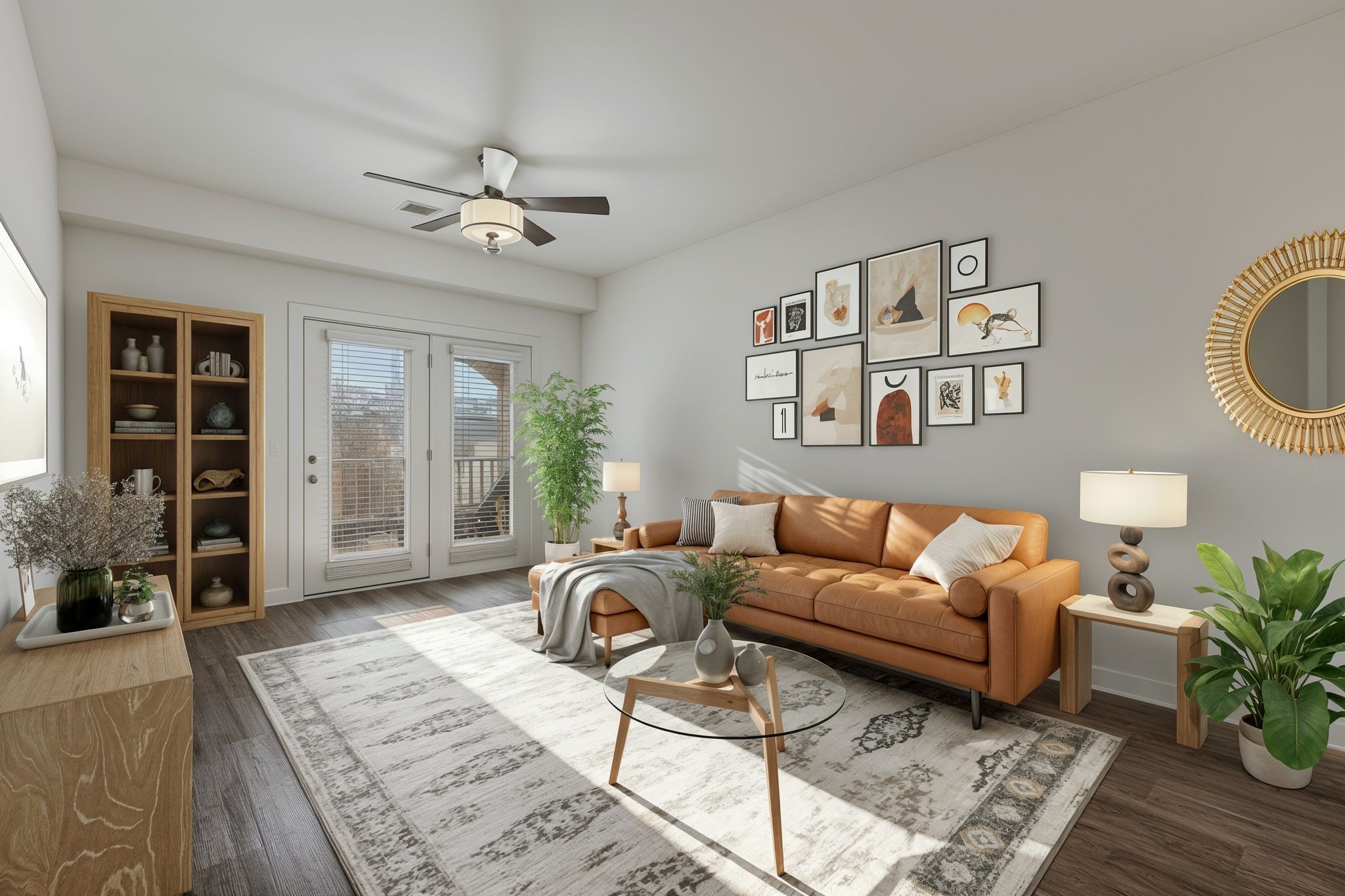 a living room with furniture and wooden floor