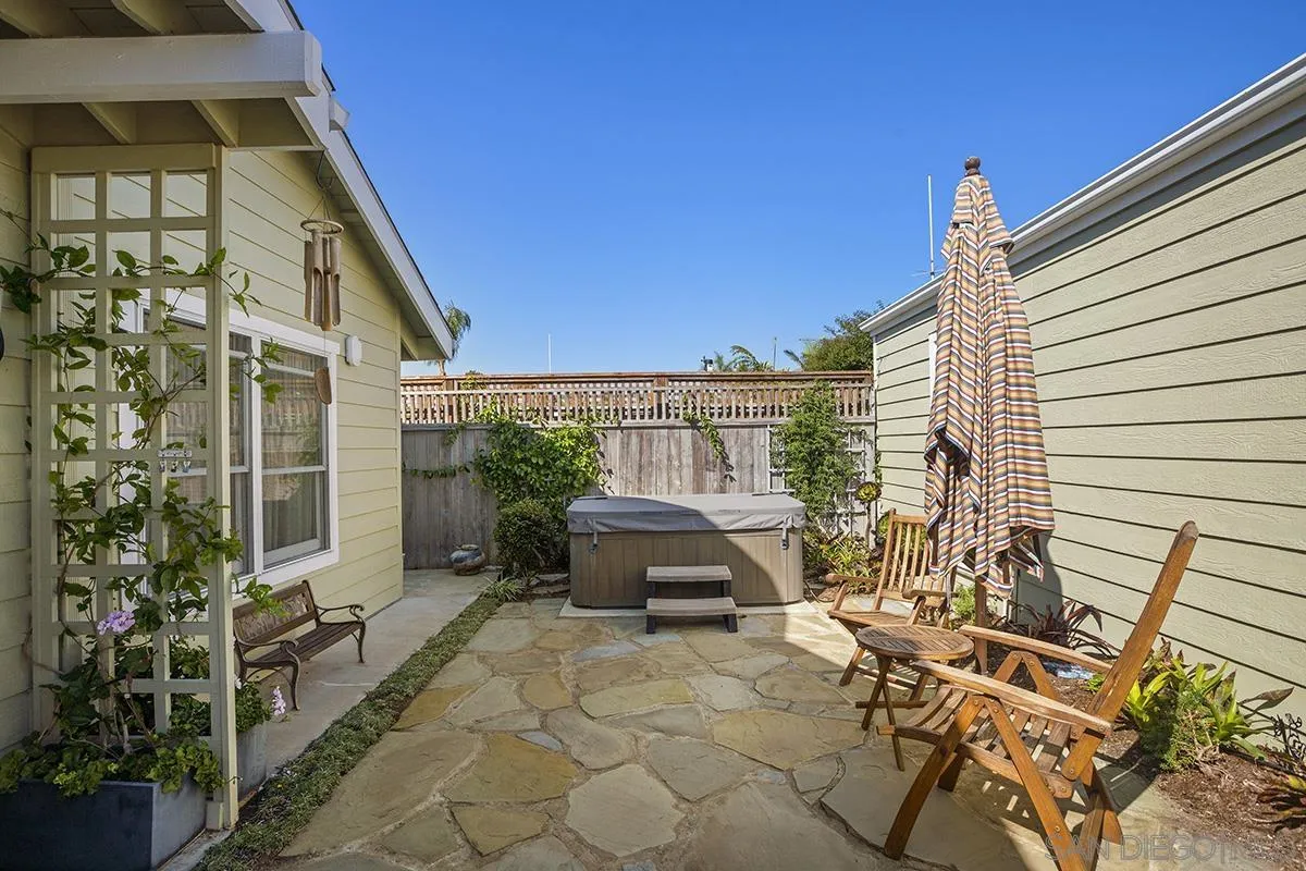 4329 Arista Street San Diego, CA 92103 - Photo 33 of 44 a view of a patio with table and chairs with wooden floor and fence