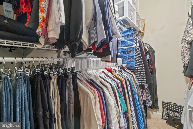 a view of walk in closet with clothes