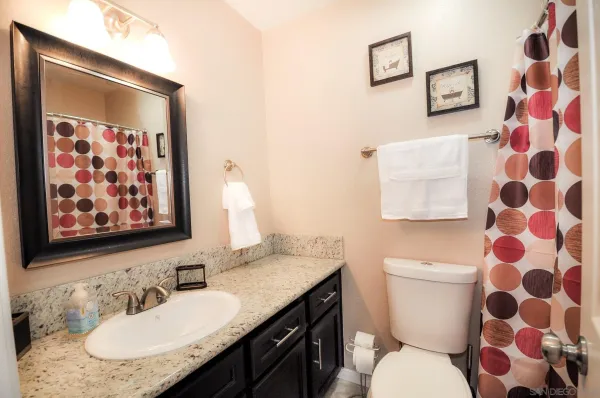 a bathroom with a granite countertop sink and a mirror