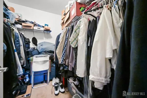 a view of walk in closet with clothes and shoes