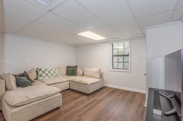 a view of balcony with wooden floor
