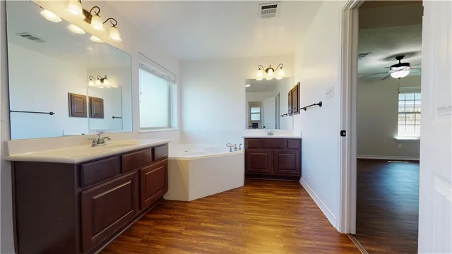 a bathroom with a tub sink and mirror