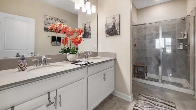 a bathroom with a sink mirror and shower