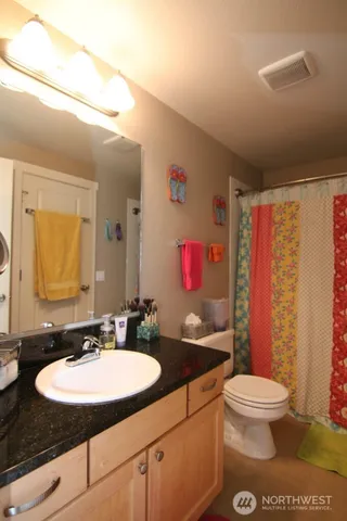 a bathroom with a sink a toilet a mirror and shower curtain