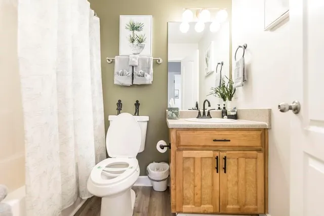 a bathroom with a toilet sink and mirror