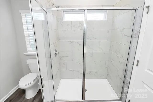a bathroom with a shower and a toilet