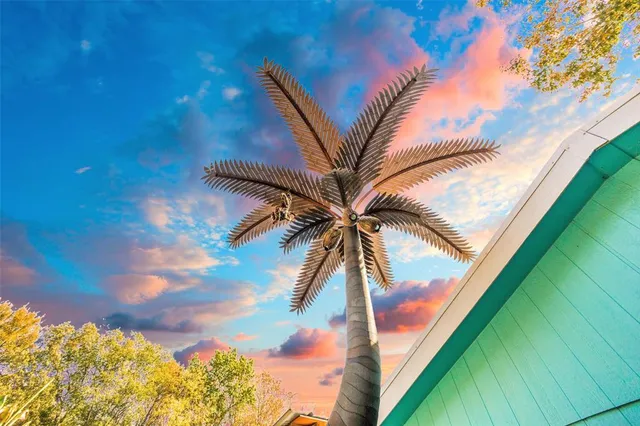 a view of a swimming pool with a yard and palm trees
