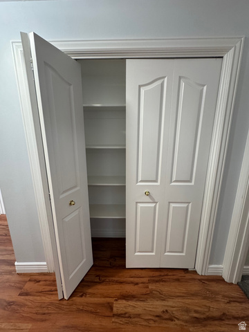 1976 River Bottom Road Springville, UT 84663 - Photo 36 of 45 Built-in closet featuring white bifold doors, gold-toned knob hardware, interior shelving, and wood-finish flooring
