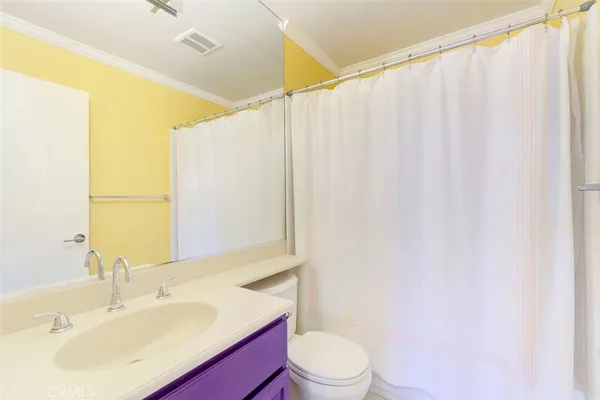 a bathroom with a sink a toilet and shower curtain