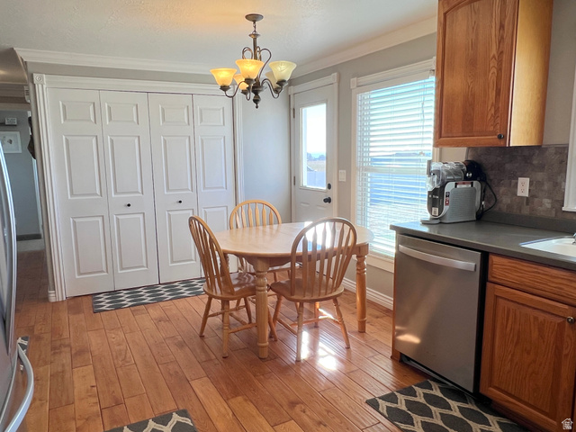 1852 East 3500th Street South Vernal, UT 84078 - Photo 15 of 46 Dining area with light wood-type flooring, a chandelier, and crown molding