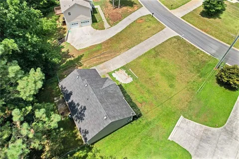 an aerial view of a swimming pool