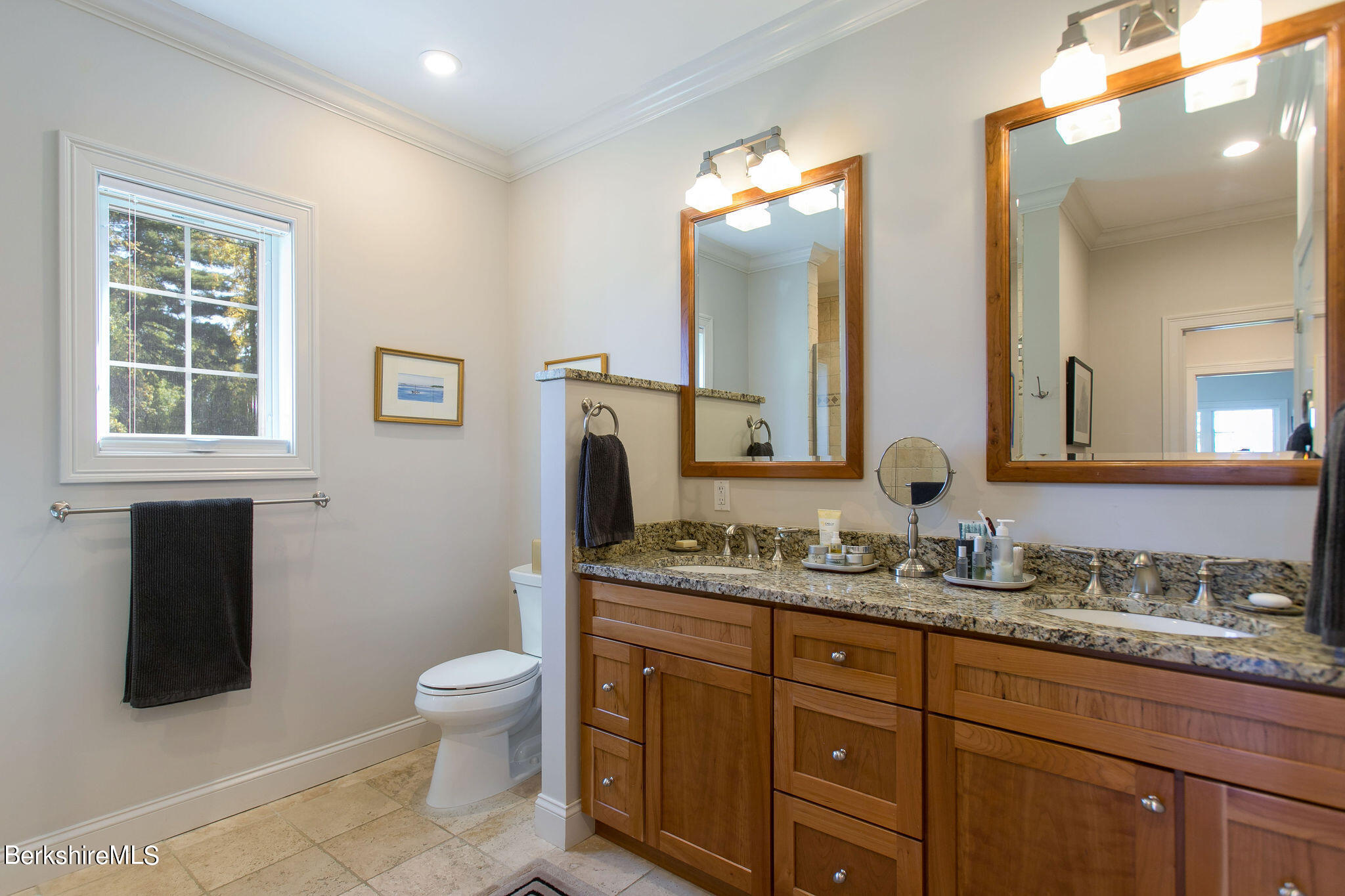 19 Burning Tree Road Great Barrington, MA 01230 - Photo 15 of 33 a bathroom with a granite countertop toilet sink and mirror