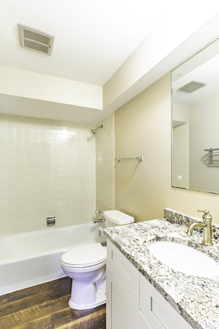 5700 South Archer Avenue, Unit 3A Chicago, IL 60638 - Photo 11 of 11 a bathroom with a granite countertop sink toilet a mirror and bathtub