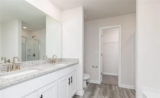 a bathroom with a granite countertop sink a toilet and a large mirror