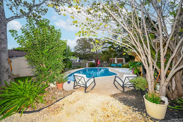 a view of a swimming pool with a patio and potted plants