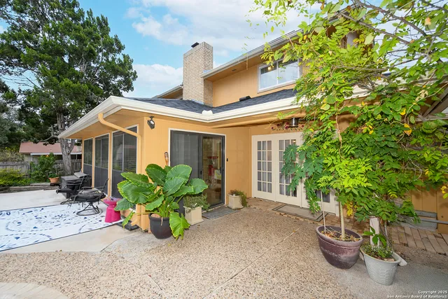 a front view of a house with patio