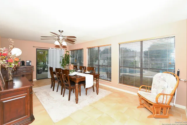 a view of a dining room with furniture window and outside view