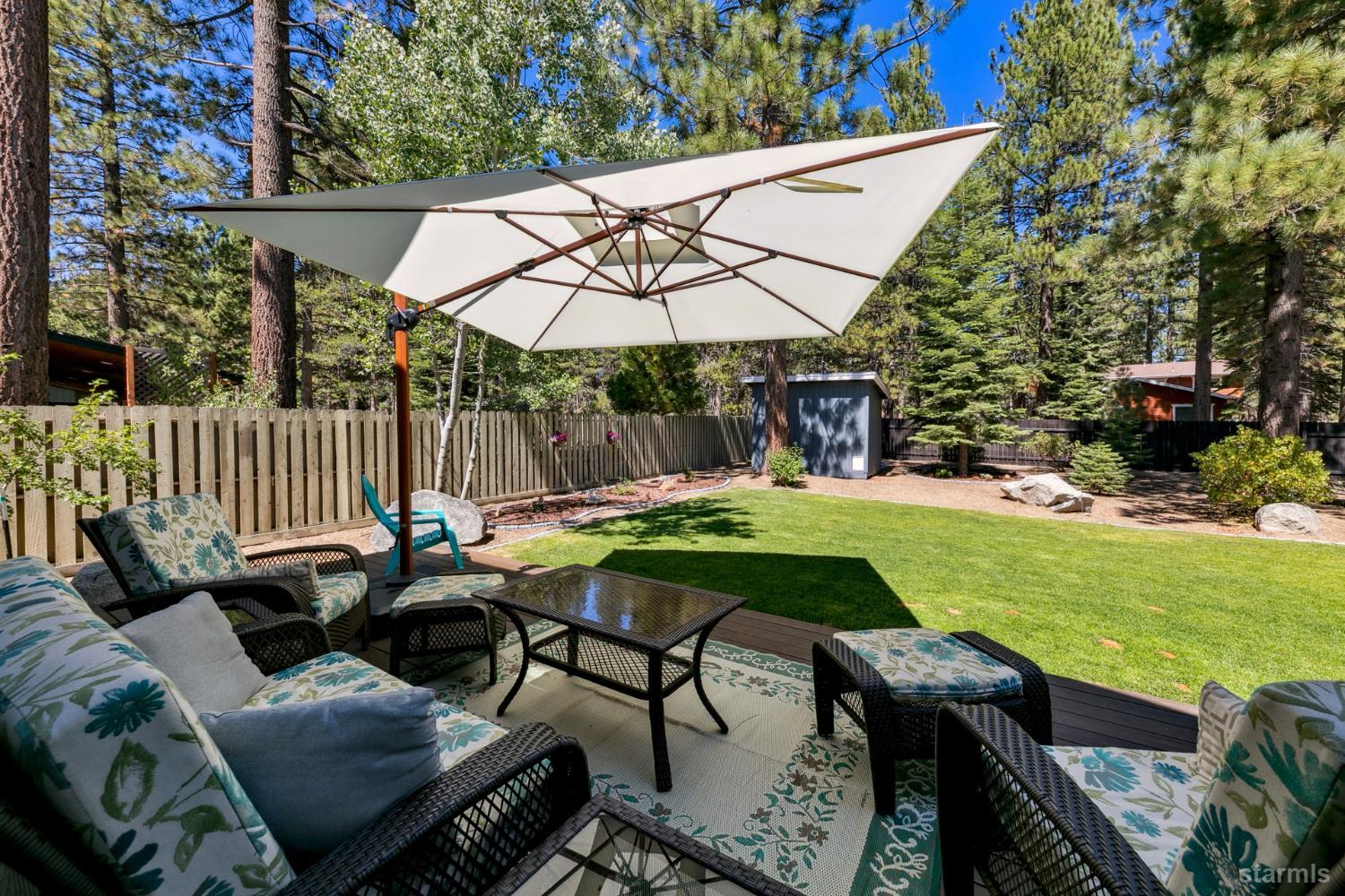 1836 Grizzly Mountain Drive South Lake Tahoe, CA 96150 - Photo 21 of 40 a view of a patio with table and chairs under an umbrella
