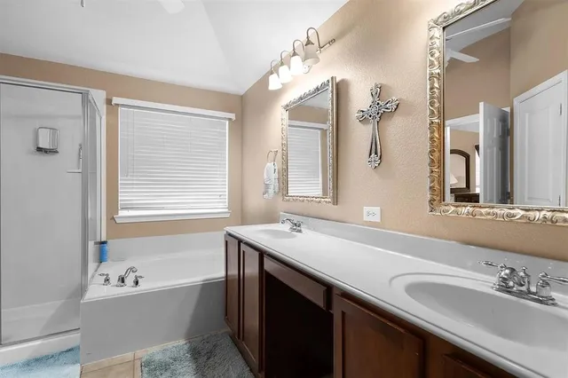 a bathroom with a sink double vanity mirror and a bathtub