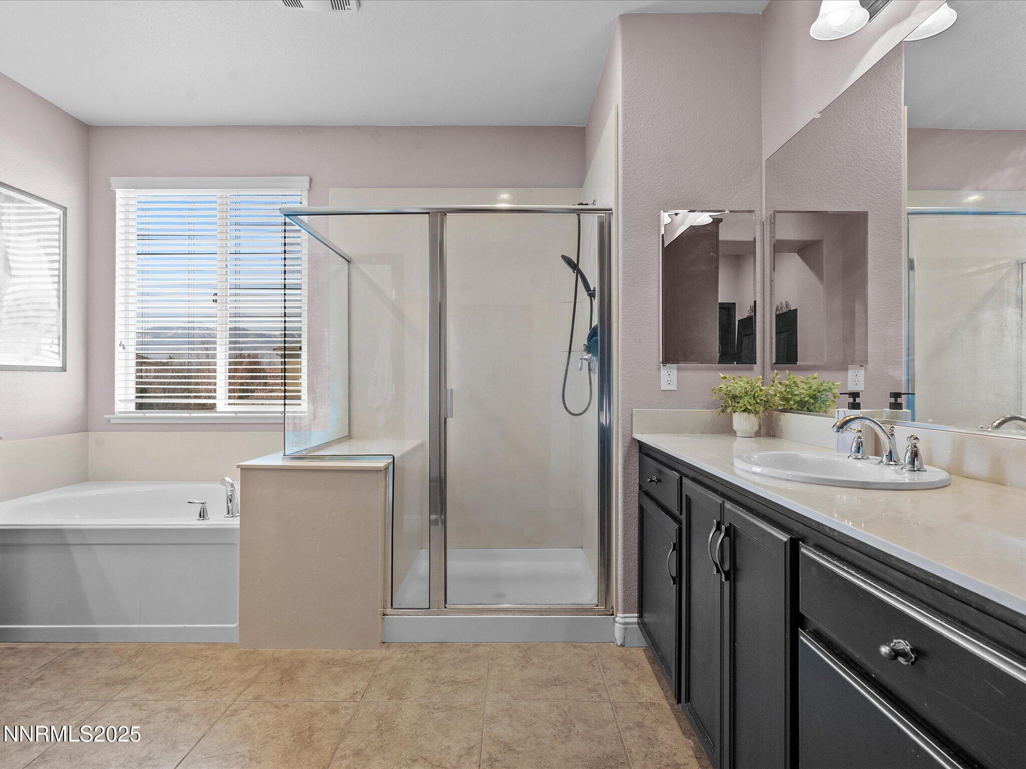 2135 Horse Prairie Road Reno, NV 89521 - Photo 20 of 32 a bathroom with a double vanity sink a mirror and a shower