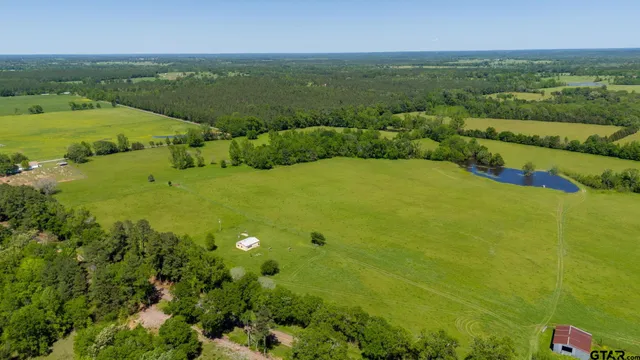 an aerial view of green field with trees