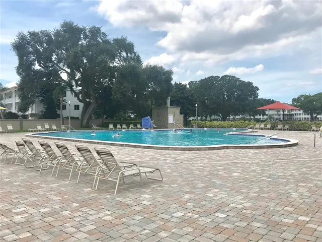 a view of a swimming pool with a yard