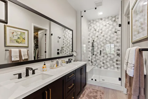 a bathroom with a double vanity sink mirror double shower and a bathtub