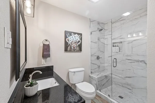 a bathroom with a sink toilet and shower