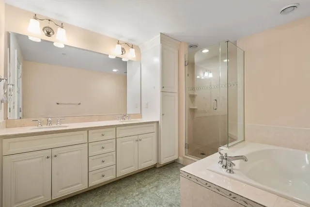 a bathroom with a tub a sink double vanity and a mirror