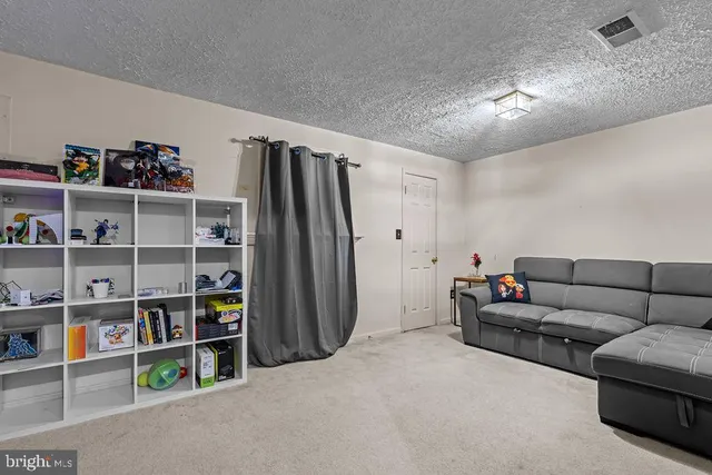 a living room with furniture and a book shelf