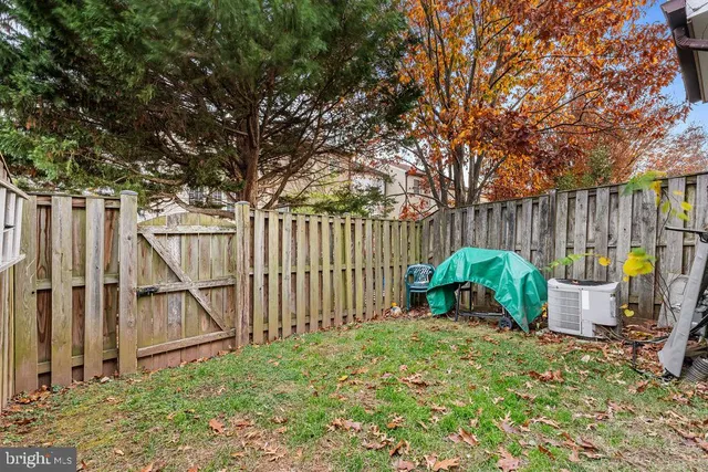 a view of backyard with wooden fence and a large tree