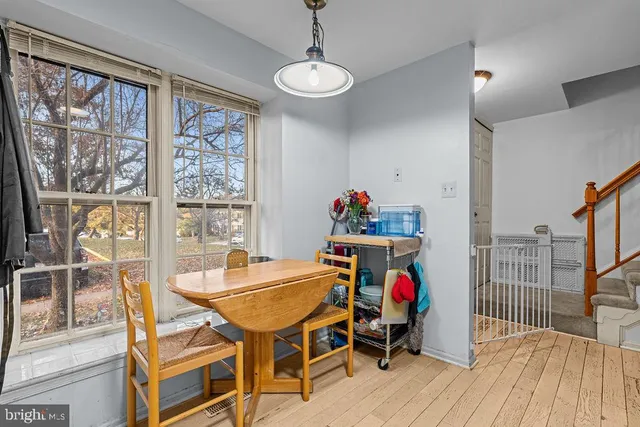 a view of a dining room with furniture window and outside view