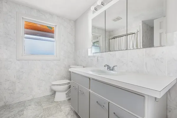 a bathroom with a sink a toilet and mirror