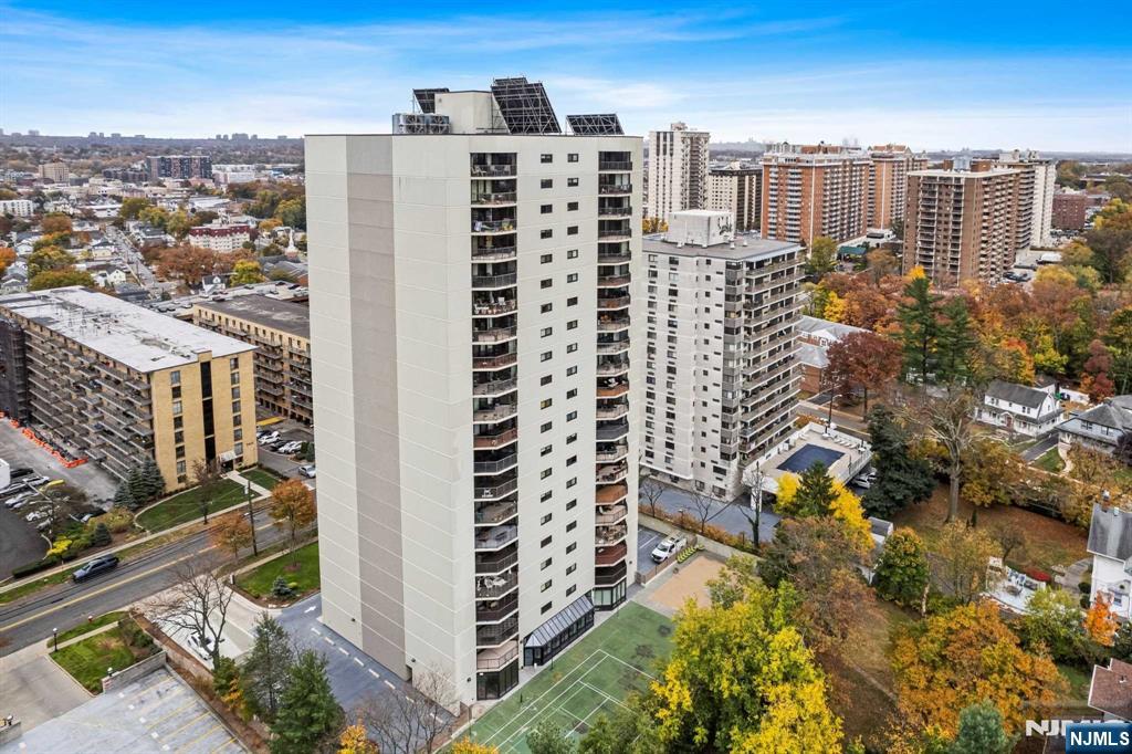 a city view with tall buildings