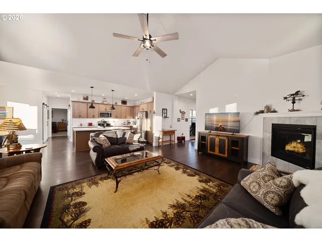 a living room with furniture and fireplace