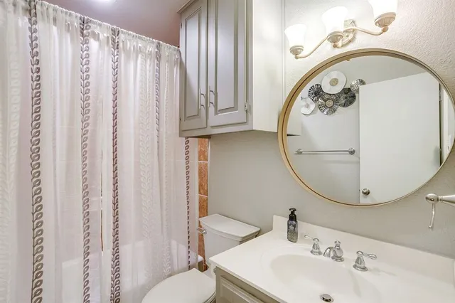 a bathroom with a sink mirror and toilet