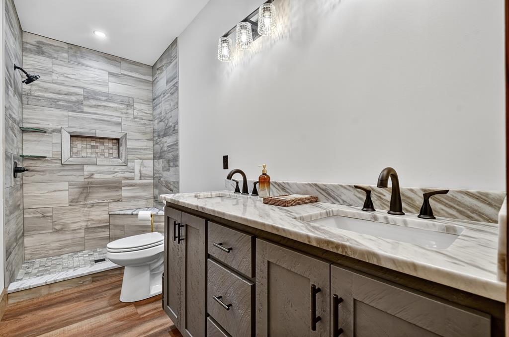 1204 Settler's Ridge Road Ellijay, GA 30540 - Photo 57 of 62 a bathroom with a granite countertop sink a toilet and a mirror